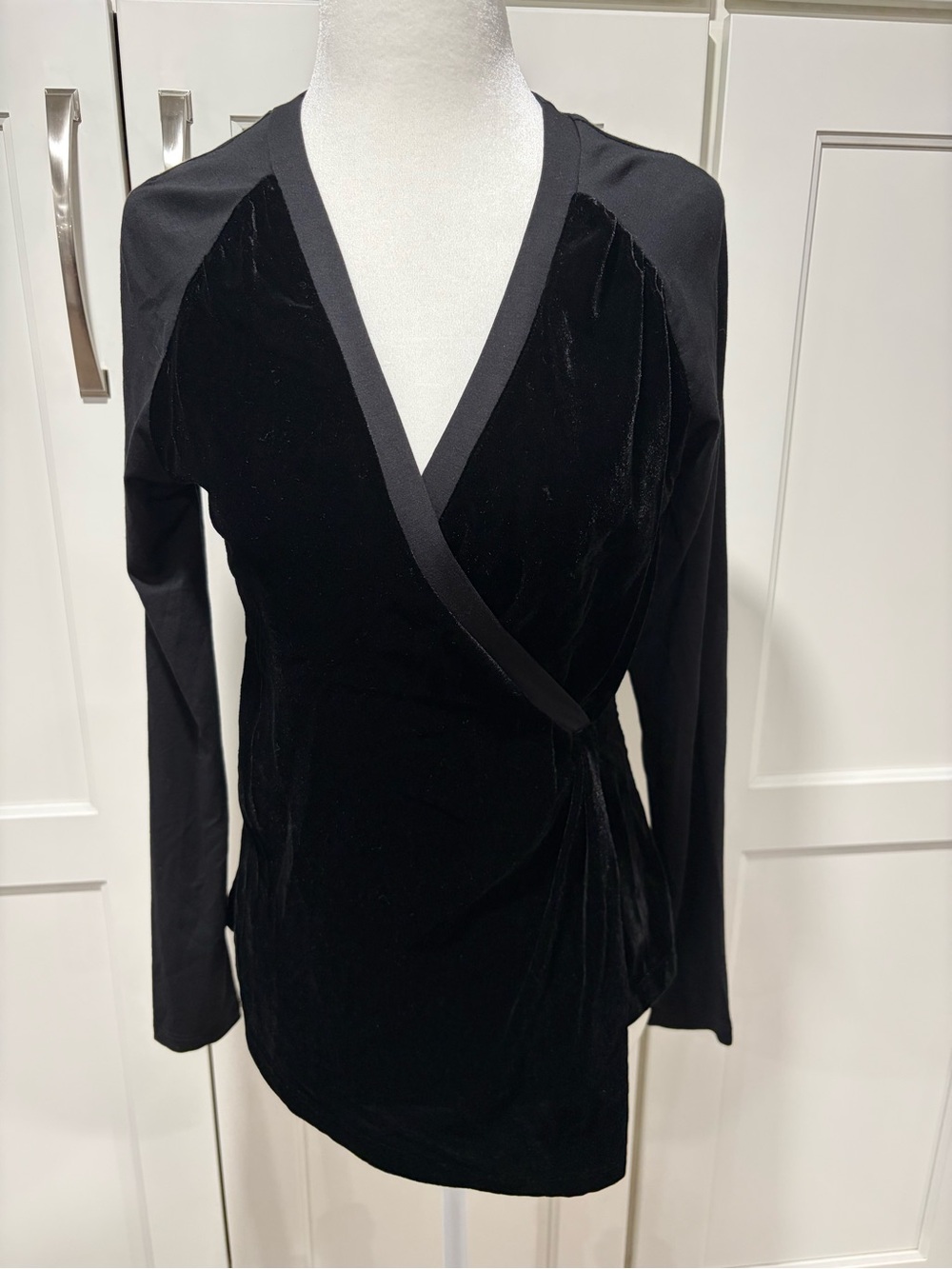 Black Velvet Faux Wrap-Front Long Sleeve Top